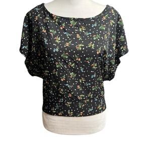 Klaxons Black Floral Cropped Open Back Tie Blouse Y2K Retro Size L